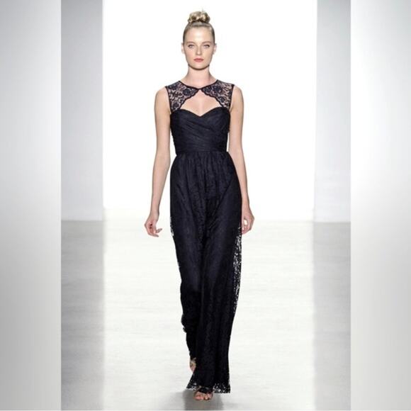 Amsale Black Lace Key Hole Front Back Cut Out Neckline Floor Length Gown Size 6 - Picture 1 of 9